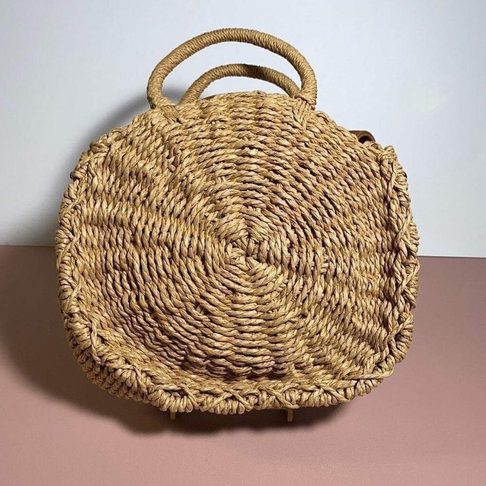 UNBRANDED Woven Straw‎ Circle Bag Tan Boho Crossbody Handbag Small